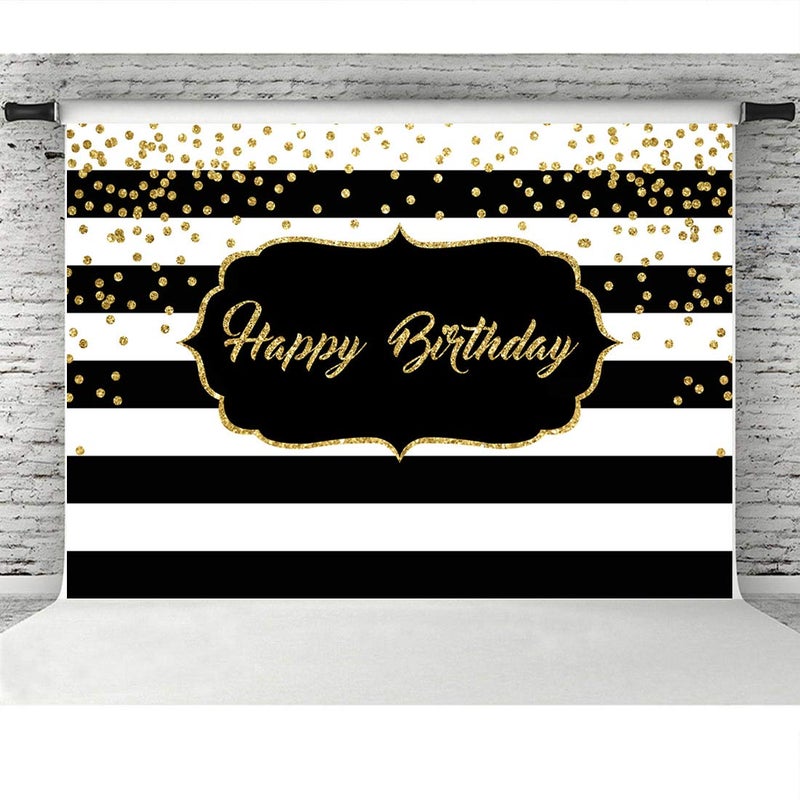 LoveInM Black and White Stripes Happy Birthday Backdrop Gold Shining Dots Birthday Party Photography Background for Adults Sweet Birthday Party Photo Banner Props 7x5ft - Image 5